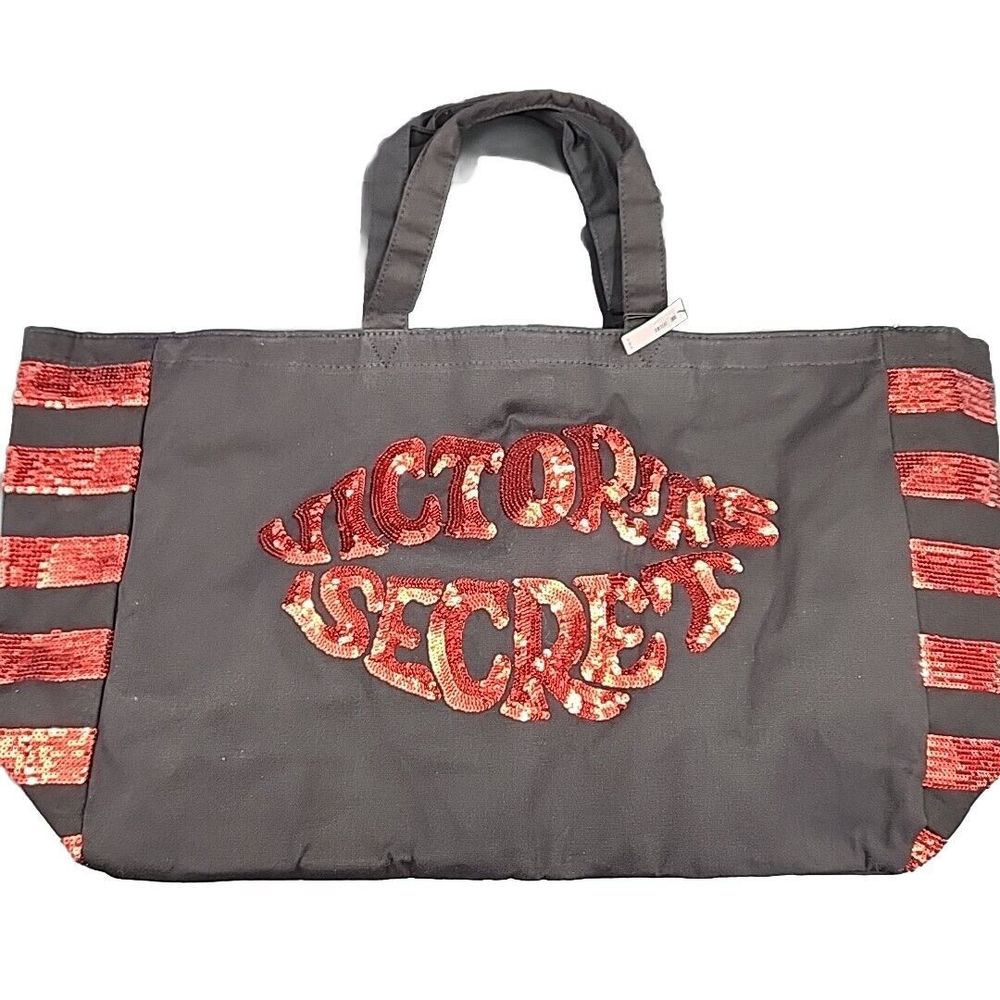 Victorias Secret Black Red Sequins Tote Large Travel Bag Valentines Day Lips NEW